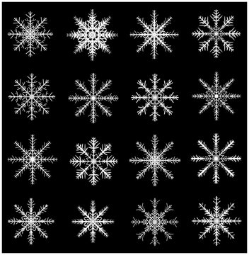 Snowflake silhouette icon, symbol, design set. Winter, christmas vector illustration isolated on black background.