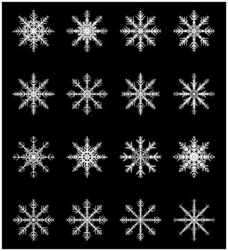 Snowflake silhouette icon, symbol, design set. Winter, christmas vector illustration isolated on black background.
