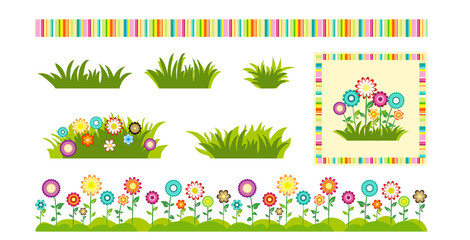 Set of flowers and grass design elements for greeting cards and labels. Seamless strips and floral patterns. Childish design elements.