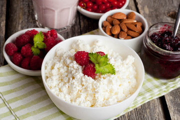 breakfast with fresh homemade cottage cheese with raspberry