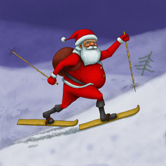 Santa Claus hurry to skiing