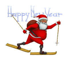 Santa Claus hurry to skiing