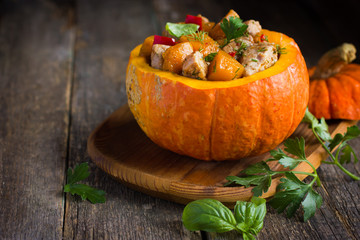 Roasted pumpkin, meat, bell peppers and red onion