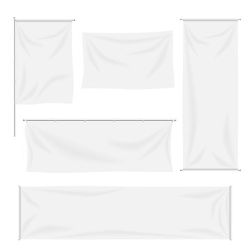White flags and textile banners with folds vector template set. Separate shadows may be used for any color