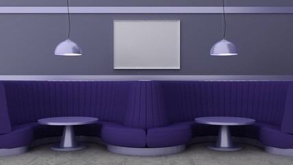 Empty picture frames in classic cafe interior background on the decorative painted wall with marble floor. Cafe sofa, table and luster. Copy space image. 3d render