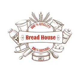 Vintage bakery hand drawn vector background with food ingredients and kitchen tools