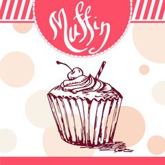 Vector poster with hand-drawn muffin. Delicious food. Decorative background with typography element. Beautiful card