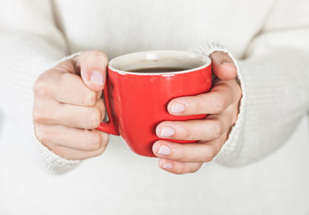 Cup of tea or coffee in female hands