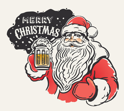 Jolly Santa Claus with a beer mug in hand. Merry Christmas!