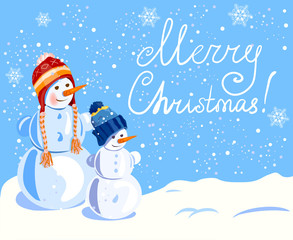 Christmas. Snowmen in hats. hand drawn lettering