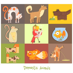 Pets, Cats, Dogs and their Actions, Emotions. Vector Set