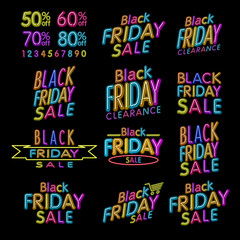 Black Friday Designs NEON | Retro Style Elements | Vintage Ornaments | Sale, Clearance | Vector Set | Black Friday retro light frame.