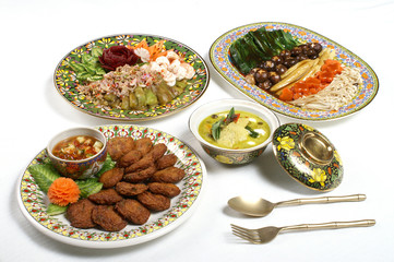 set of healthy thai food  fried mince pork ball, fried mixed vegetable, eggplant salad, green curry soup  