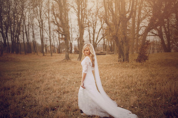 Fototapeta na wymiar bride walking in golden autumn nature