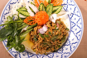 mince pork salad serve with mixed vegetable carving luxury thai food serving 