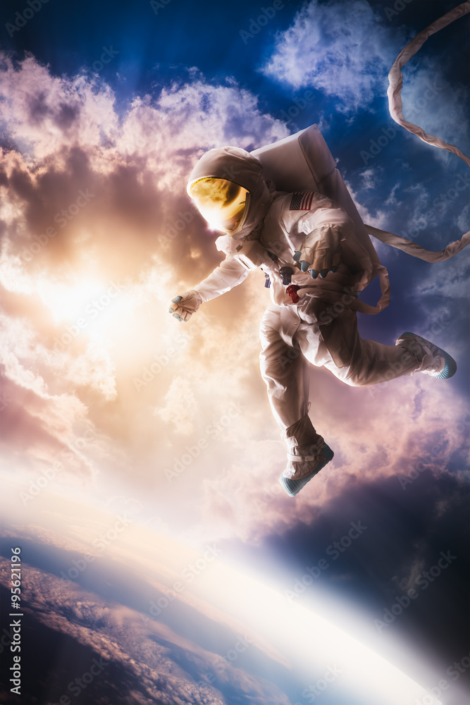 Sticker astronaut floating in the atmosphere