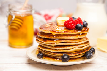 High pile of delicious pancakes