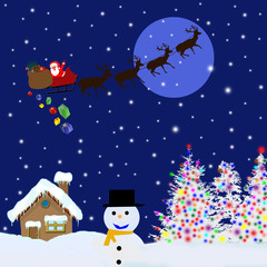 Naklejka premium Santa Claus on sledge delivering Christmas gifts