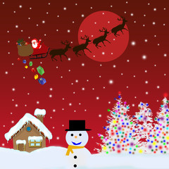 Naklejka premium Santa Claus on sledge delivering Christmas gifts