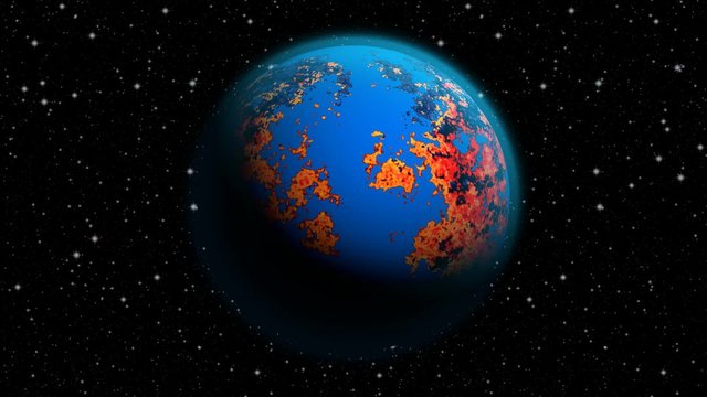 Animated abstract future planet Earth with blue atmosphere and burning red continents. Looped full HD animation. 