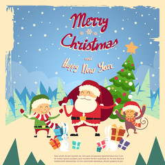 Santa Clause Elf Monkey Cartoon Character Winter Tree Snow Forest