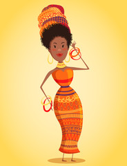 Cartoon beautiful African woman in turban and traditional costume with ethnic geometric ornament full length. Hand drawn vector illustration