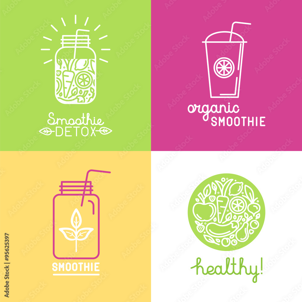 Poster vector set of logo design elements in trendy linear style - detox smoothie, organic juice and health