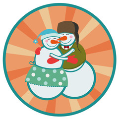 love couple snowmen hugging each other in  round