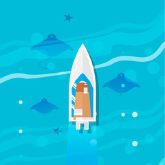 Ocean underwater life - devil fish ray family with top view yacht. Summer vacation, time to travel, holidays and tourism . Vector illustration