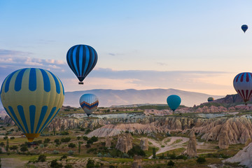 Hot air balloon flying over Cappadocia, Turkey