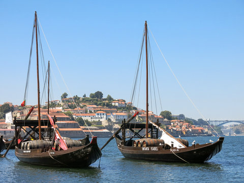 Rabelo boats used for transport Port wine from Douro Valley to Porto, Portugal