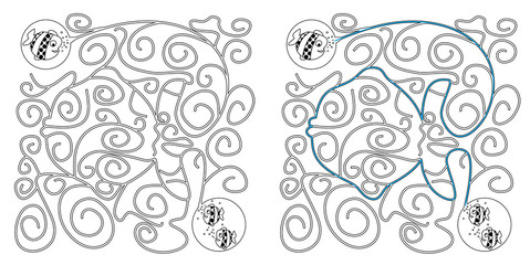 Black-and-white maze with fish / easy solution / for children