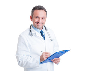 Handsome and friendly doctor or medic holding clipboard