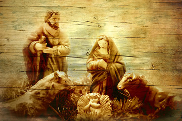 Nativity Scene in old wooden texture