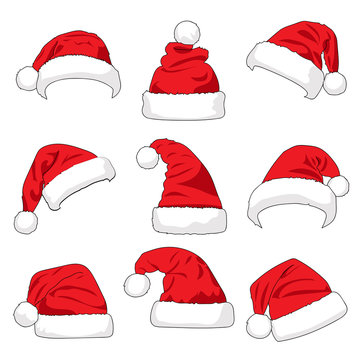 Set of red Santa Claus hats isolated on white background vector illustration