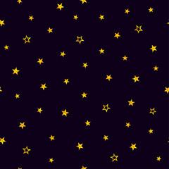 Gold stars on a purple background. Seamless pattern