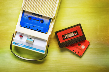 vintage cassette tape recorder, retro filtered, free copy space