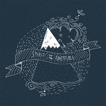 Hand Drawn Spirit of Adventure Logo or Eblem on Dark Blue Grunge
