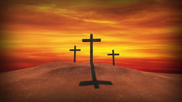 Three Crosses on a Hill. 3 clips.a sunset or sunrise scene. camera zooms in an up on three crosses on a sandy hill.

