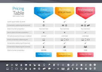 Light pricing table with 3 options. Icon set included