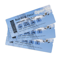 Airline boarding pass tickets to "Oporto" isolated on white.