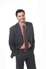 corporate portrait of young attractive businessman of Latin Hispanic ethnicity smiling in suit and tie