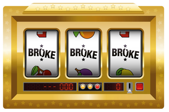 Broke - slot machine with three reels lettering BROKE. Isolated vector illustration on white background.