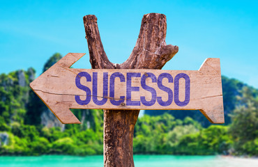 Success (in Portuguese) arrow with beach background