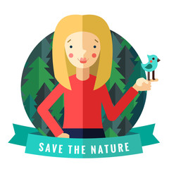 Save the nature vector card and background with blonde girl, bird, blue ribbon and forest in flat style
