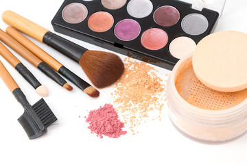 Brush and cosmetic set  isolated on a white background