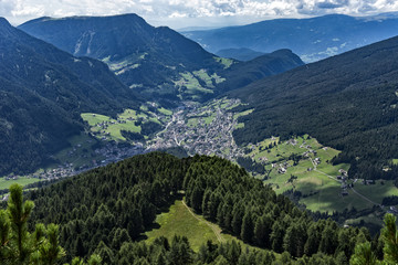 Aerial view of the town of Ortisei, Gardena Valley, Dolomites, I