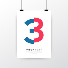 A4 / A3 format poster minimal abstract Number 3 design with your text, paper clips and shadow EPS 10 stock vector illustration 