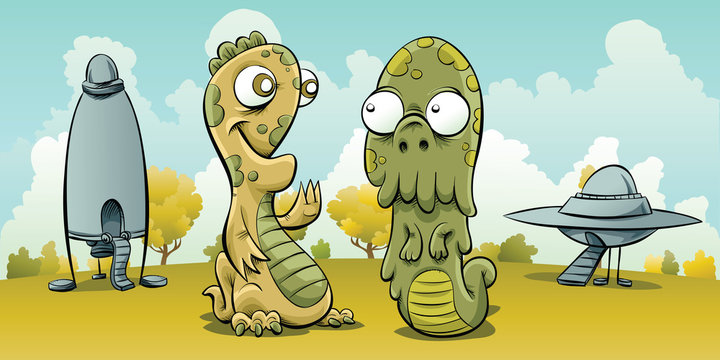 Two friendly, cartoon aliens meet after landing their UFO and flying saucer on a planet.