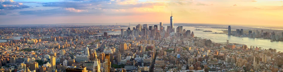 Photo sur Plexiglas Lieux américains Panorama de Manhattan au coucher du soleil vue aérienne, New York, États-Unis